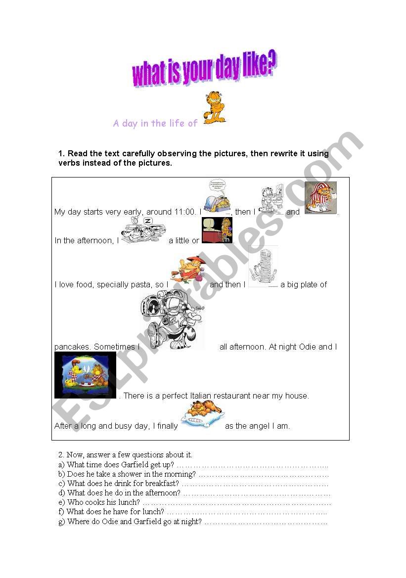 Garfield`s Day worksheet